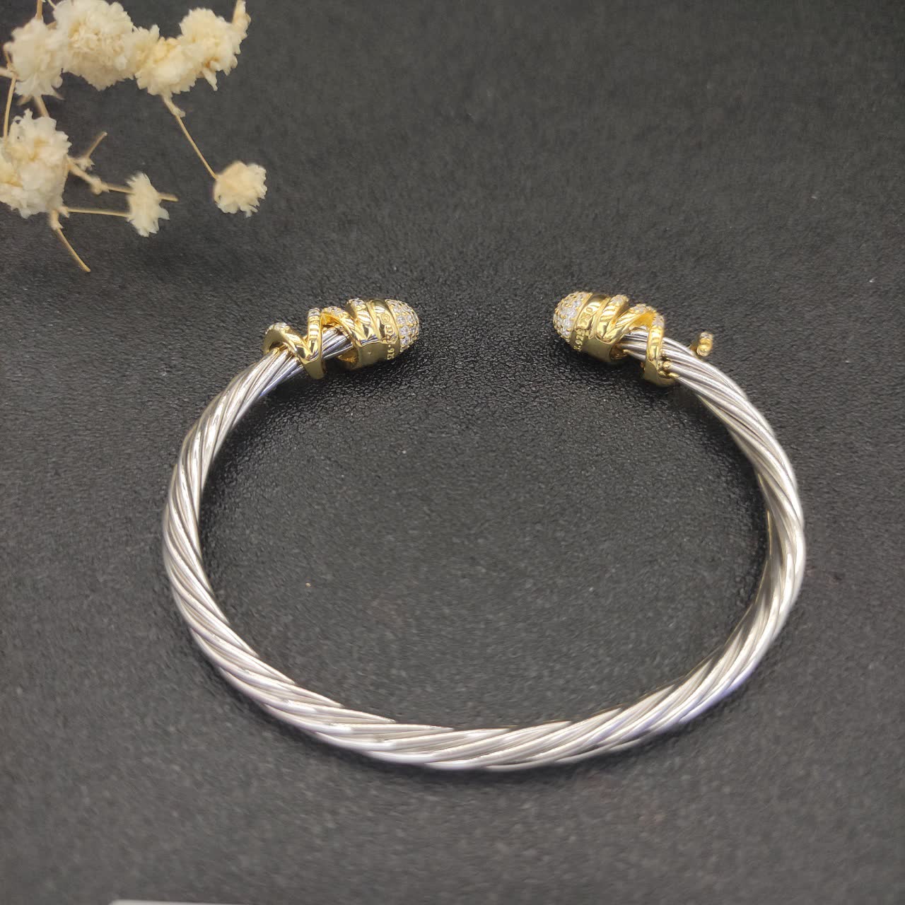 David Yurman Elegant Silver and Gold Diamond Cuff Bracelet